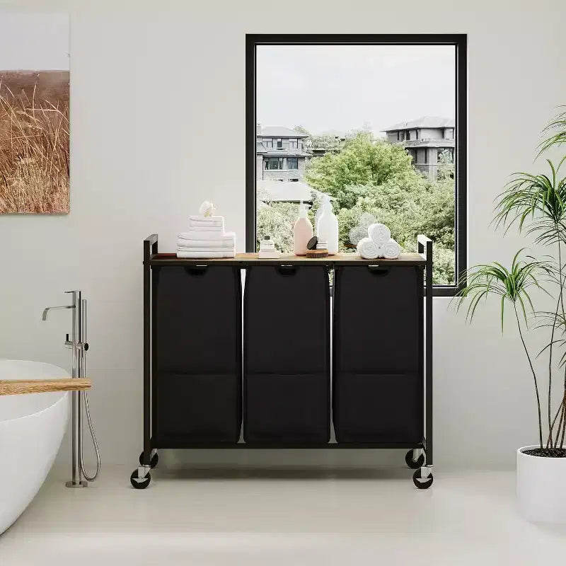 Laundry Hamper with Shelf & 3 Removable Pull-Out Bags, 120L Rolling Laundry Sorter with Metal Frame for Bathroom