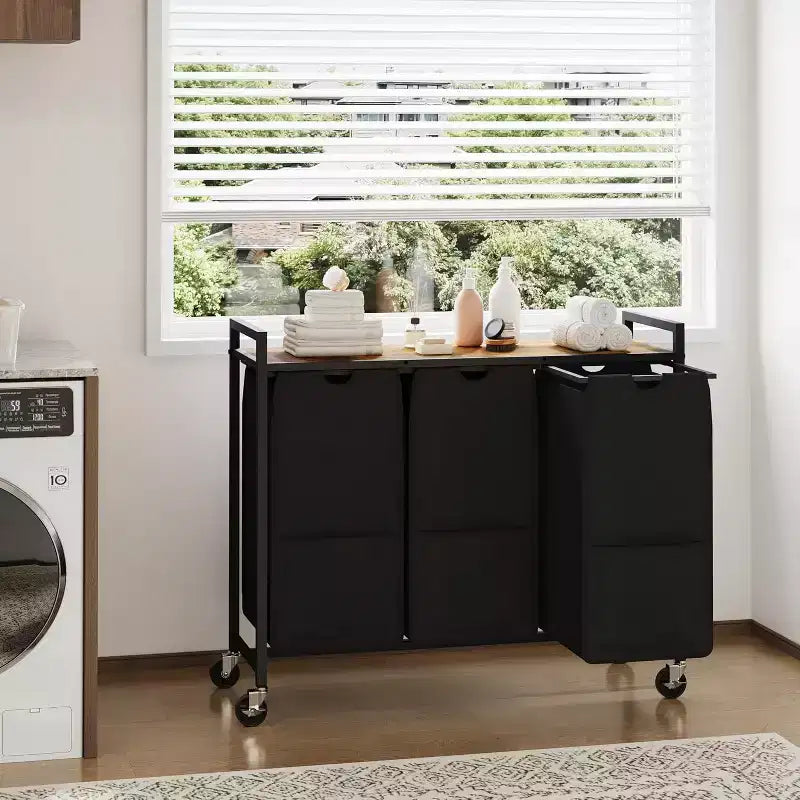 Laundry Hamper with Shelf & 3 Removable Pull-Out Bags, 120L Rolling Laundry Sorter with Metal Frame for Bathroom