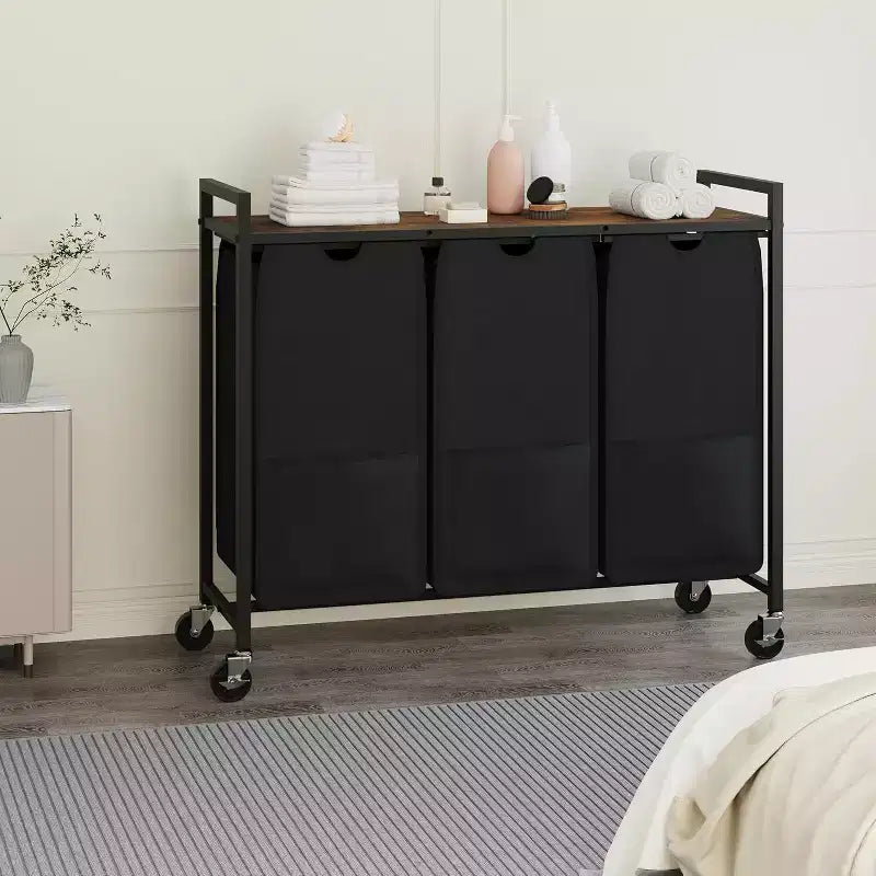 Laundry Hamper with Shelf & 3 Removable Pull-Out Bags, 120L Rolling Laundry Sorter with Metal Frame for Bathroom
