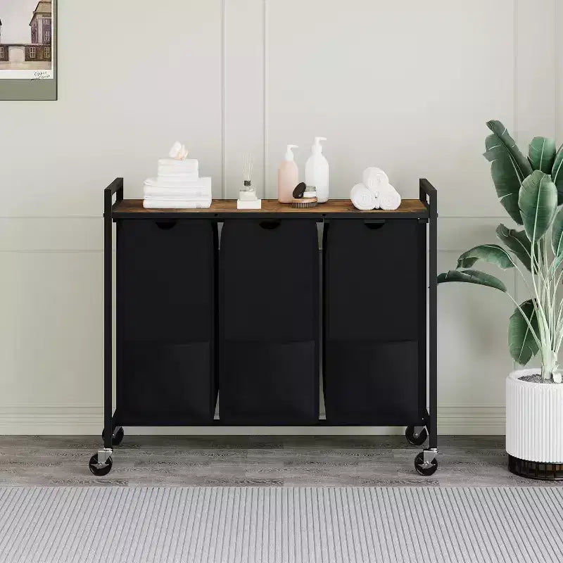 Laundry Hamper with Shelf & 3 Removable Pull-Out Bags, 120L Rolling Laundry Sorter with Metal Frame for Bathroom