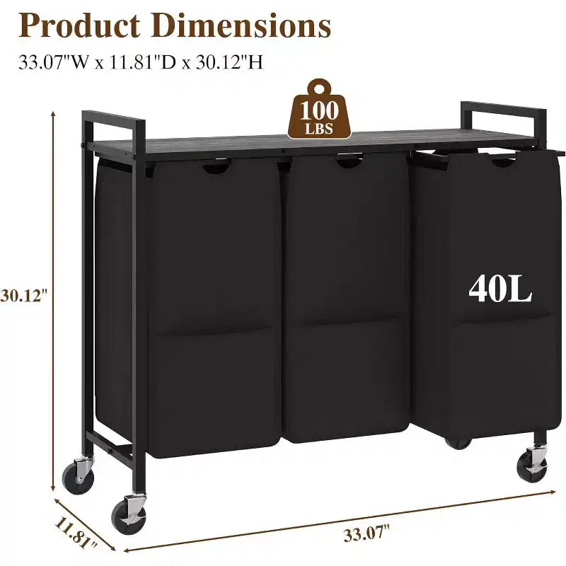 Laundry Hamper with Shelf & 3 Removable Pull-Out Bags, 120L Rolling Laundry Sorter with Metal Frame for Bathroom