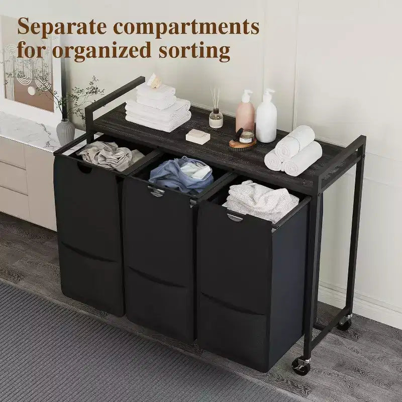 Laundry Hamper with Shelf & 3 Removable Pull-Out Bags, 120L Rolling Laundry Sorter with Metal Frame for Bathroom