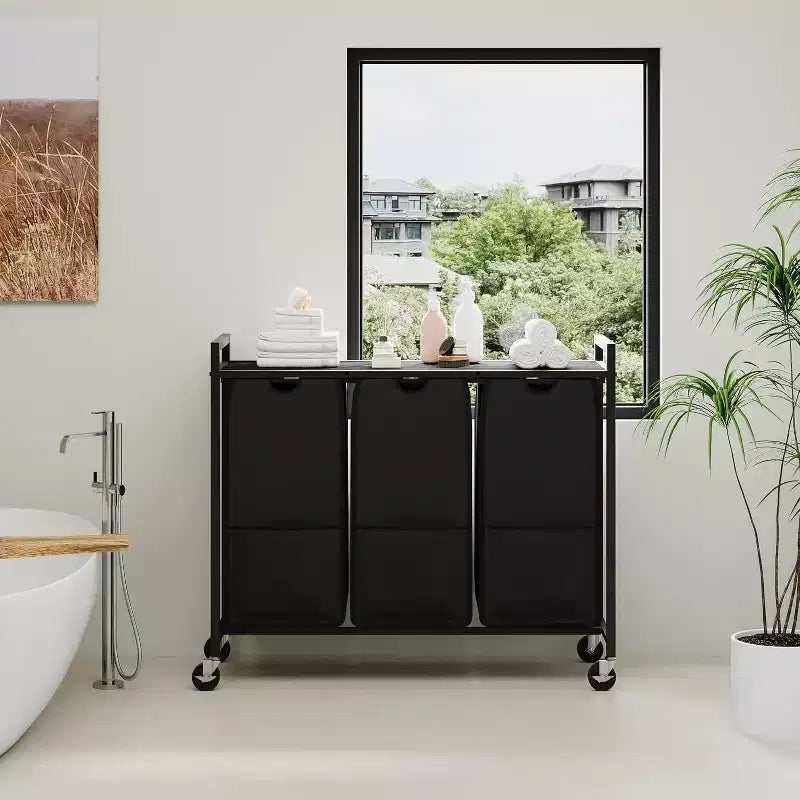Laundry Hamper with Shelf & 3 Removable Pull-Out Bags, 120L Rolling Laundry Sorter with Metal Frame for Bathroom