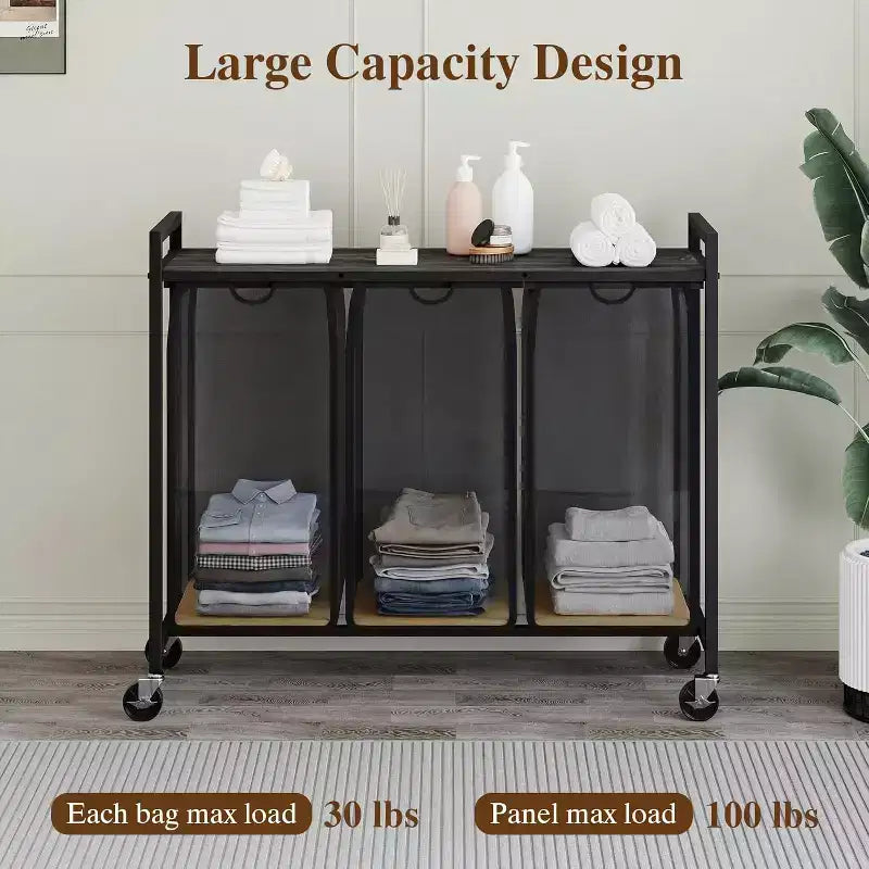 Laundry Hamper with Shelf & 3 Removable Pull-Out Bags, 120L Rolling Laundry Sorter with Metal Frame for Bathroom
