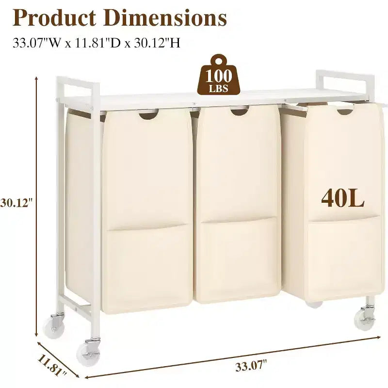 Laundry Hamper with Shelf & 3 Removable Pull-Out Bags, 120L Rolling Laundry Sorter with Metal Frame for Bathroom