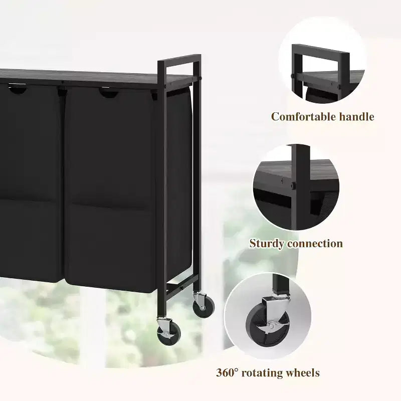 Laundry Hamper with Shelf & 3 Removable Pull-Out Bags, 120L Rolling Laundry Sorter with Metal Frame for Bathroom