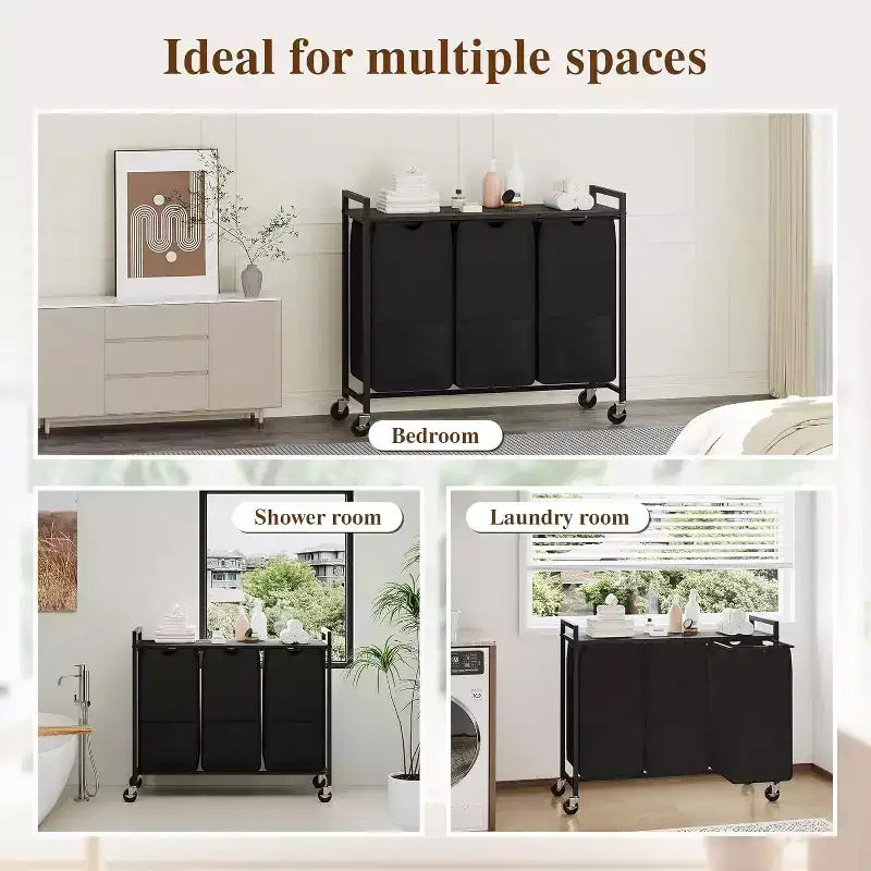 Laundry Hamper with Shelf & 3 Removable Pull-Out Bags, 120L Rolling Laundry Sorter with Metal Frame for Bathroom