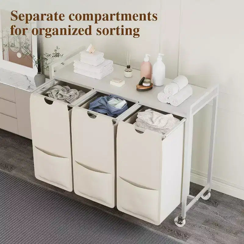 Laundry Hamper with Shelf & 3 Removable Pull-Out Bags, 120L Rolling Laundry Sorter with Metal Frame for Bathroom