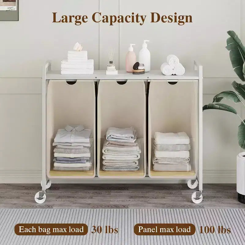 Laundry Hamper with Shelf & 3 Removable Pull-Out Bags, 120L Rolling Laundry Sorter with Metal Frame for Bathroom