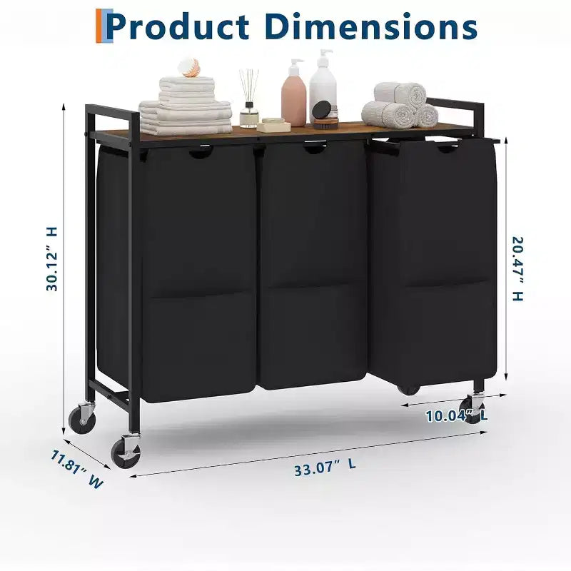 Laundry Hamper with Shelf & 3 Removable Pull-Out Bags, 120L Rolling Laundry Sorter with Metal Frame for Bathroom
