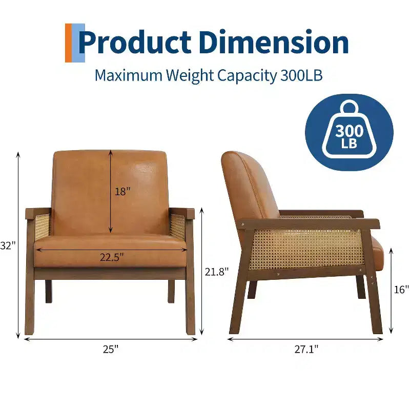 Modern High Back Wood Frame Accent Chair with 300lb Capacity - Upholstered Rattan or PU Leather Armchair for Living Room