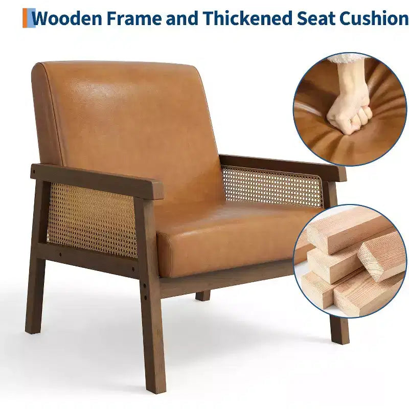 Modern High Back Wood Frame Accent Chair with 300lb Capacity - Upholstered Rattan or PU Leather Armchair for Living Room