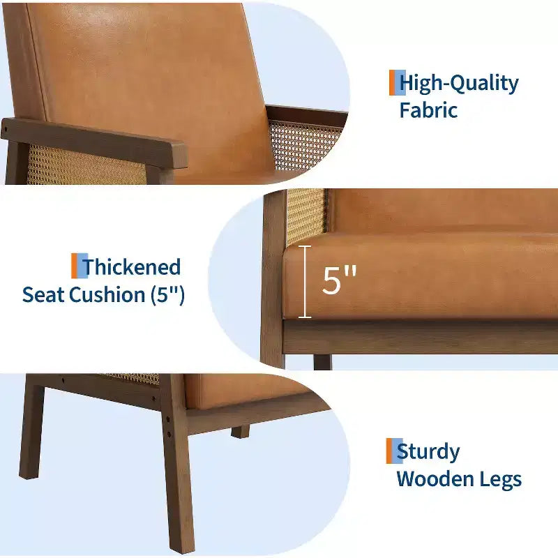 Modern High Back Wood Frame Accent Chair with 300lb Capacity - Upholstered Rattan or PU Leather Armchair for Living Room