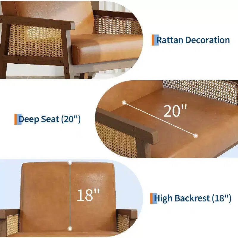Modern High Back Wood Frame Accent Chair with 300lb Capacity - Upholstered Rattan or PU Leather Armchair for Living Room