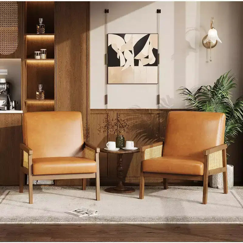 Modern High Back Wood Frame Accent Chair with 300lb Capacity - Upholstered Rattan or PU Leather Armchair for Living Room