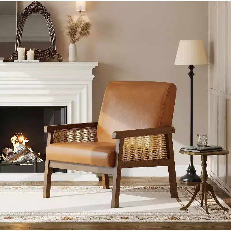 Modern High Back Wood Frame Accent Chair with 300lb Capacity - Upholstered Rattan or PU Leather Armchair for Living Room