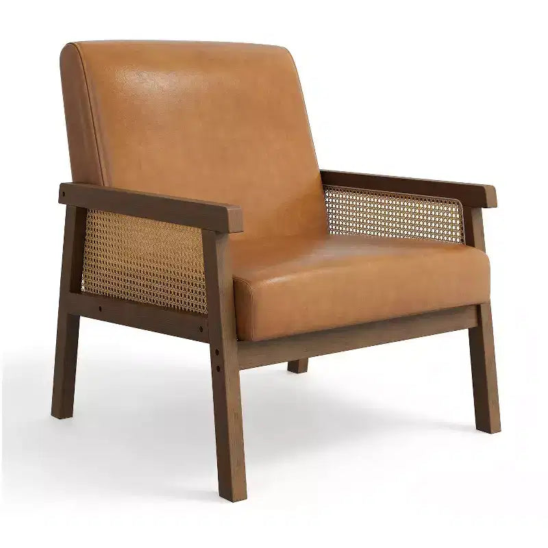 Modern High Back Wood Frame Accent Chair with 300lb Capacity - Upholstered Rattan or PU Leather Armchair for Living Room