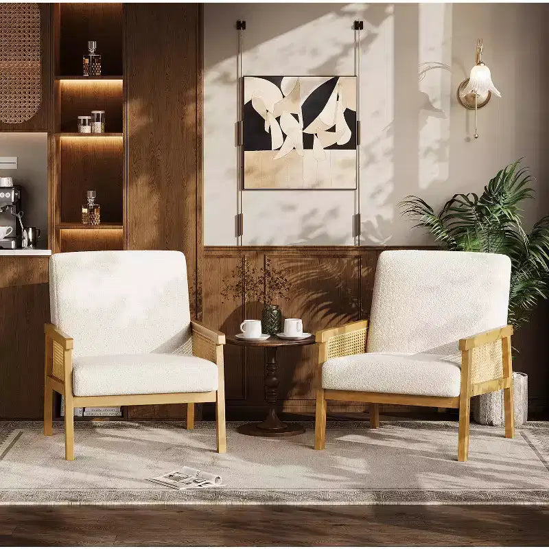 Modern High Back Wood Frame Accent Chair with 300lb Capacity - Upholstered Rattan or PU Leather Armchair for Living Room