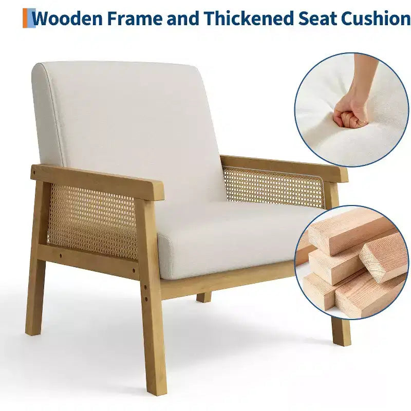Modern High Back Wood Frame Accent Chair with 300lb Capacity - Upholstered Rattan or PU Leather Armchair for Living Room