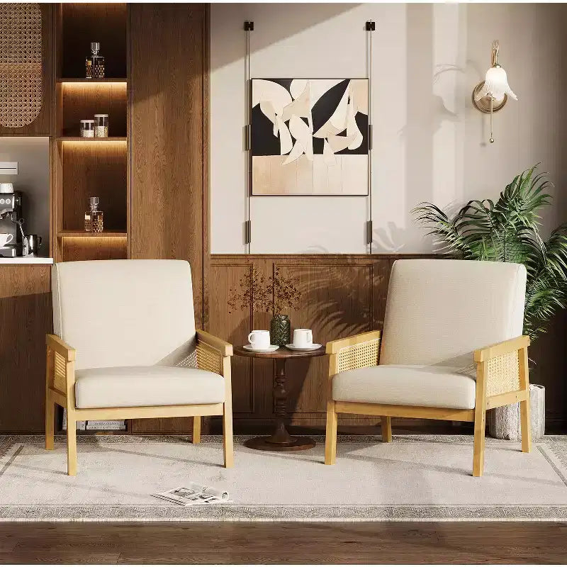 Modern High Back Wood Frame Accent Chair with 300lb Capacity - Upholstered Rattan or PU Leather Armchair for Living Room