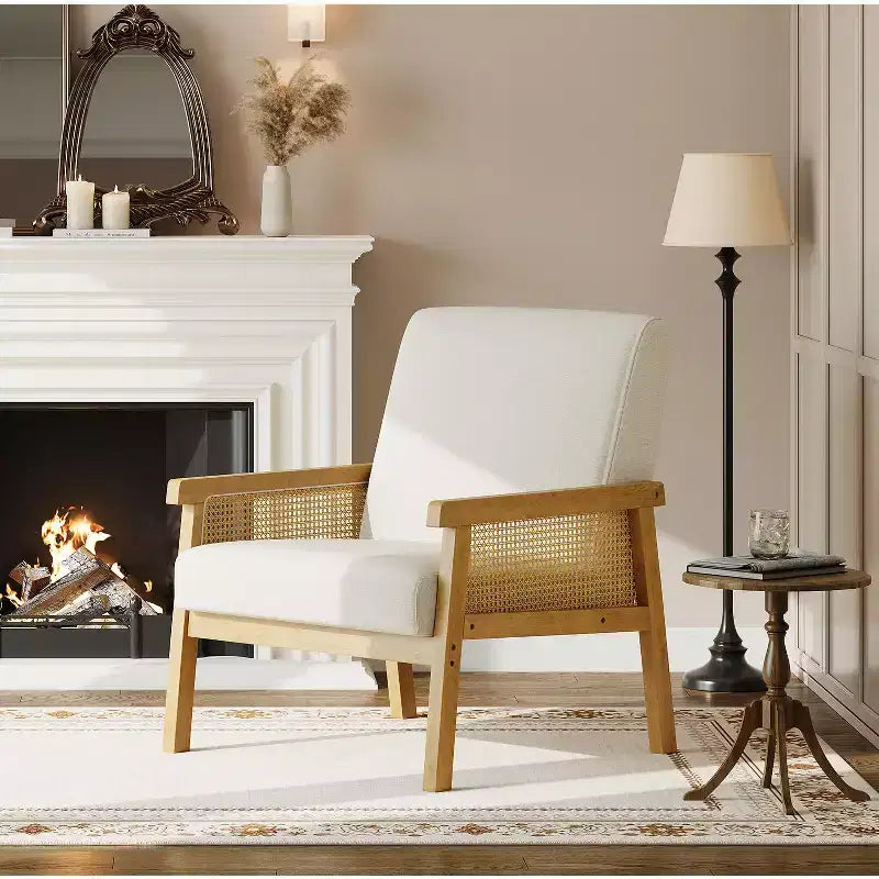 Modern High Back Wood Frame Accent Chair with 300lb Capacity - Upholstered Rattan or PU Leather Armchair for Living Room