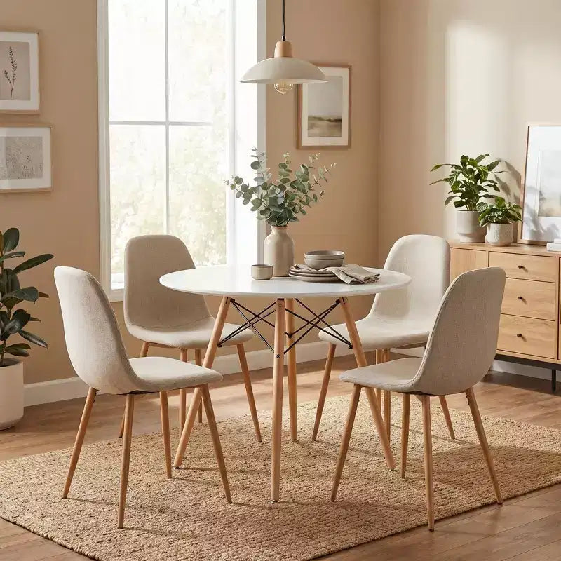 FurnitureR Round Dining Table Set for 4, 31.5 Kitchen Table with 4 Upholstered Chairs, Wood Legs Dining Set for Small Space, Apartment,Breakfast Nook