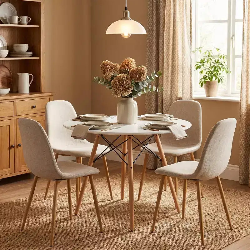 FurnitureR Round Dining Table Set for 4, 31.5 Kitchen Table with 4 Upholstered Chairs, Wood Legs Dining Set for Small Space, Apartment,Breakfast Nook