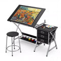 Adjustable Drafting Table with Stool, Drawing Table with Tiltable Tabletop & 3 Storage Drawers, Painting Studio Work Station, Art Desk for Drafting
