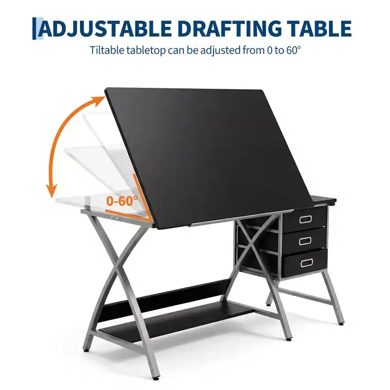 Adjustable Drafting Table with Stool, Drawing Table with Tiltable Tabletop & 3 Storage Drawers, Painting Studio Work Station, Art Desk for Drafting