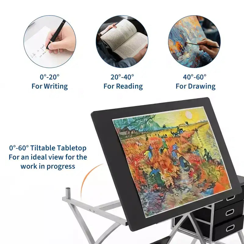 Adjustable Drafting Table with Stool, Drawing Table with Tiltable Tabletop & 3 Storage Drawers, Painting Studio Work Station, Art Desk for Drafting