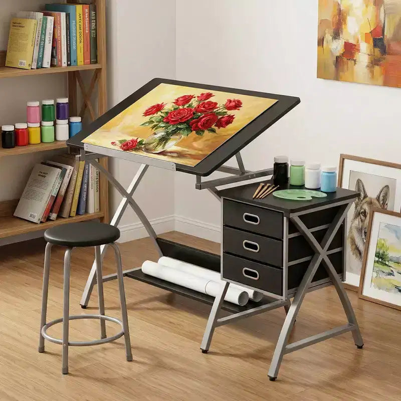 Adjustable Drafting Table with Stool, Drawing Table with Tiltable Tabletop & 3 Storage Drawers, Painting Studio Work Station, Art Desk for Drafting
