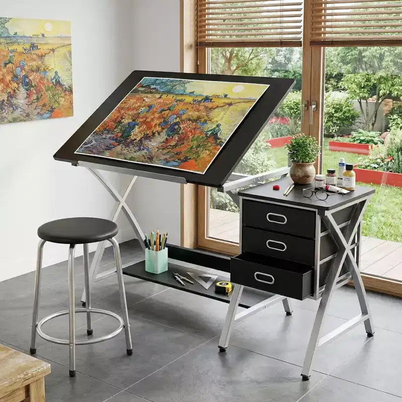 Adjustable Drafting Table with Stool, Drawing Table with Tiltable Tabletop & 3 Storage Drawers, Painting Studio Work Station, Art Desk for Drafting