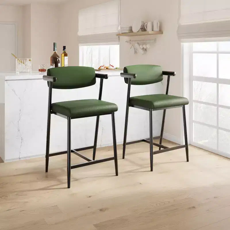 Counter Height Bar Stools Set of 2 with Arms, Upholstered Barstool with Back, Soft Wider Seat, Metal Bar Stools Set for Kitchen Island, Easy Assembly