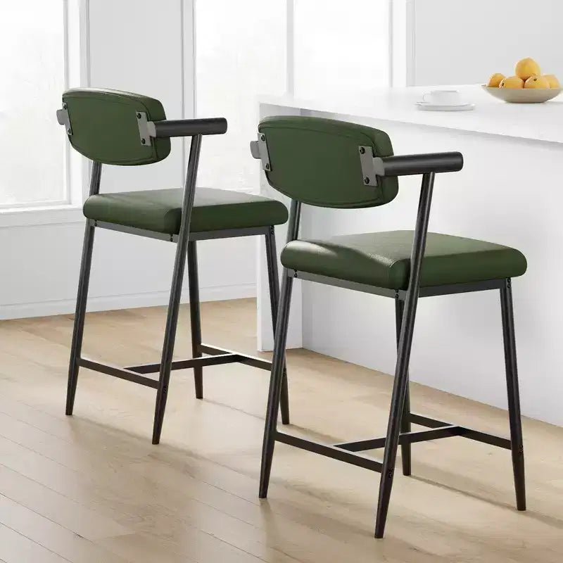 Counter Height Bar Stools Set of 2 with Arms, Upholstered Barstool with Back, Soft Wider Seat, Metal Bar Stools Set for Kitchen Island, Easy Assembly