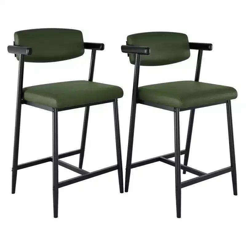 Counter Height Bar Stools Set of 2 with Arms, Upholstered Barstool with Back, Soft Wider Seat, Metal Bar Stools Set for Kitchen Island, Easy Assembly