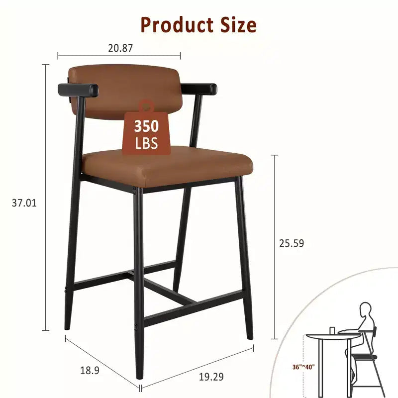Counter Height Bar Stools Set of 2 with Arms, Upholstered Barstool with Back, Soft Wider Seat, Metal Bar Stools Set for Kitchen Island, Easy Assembly