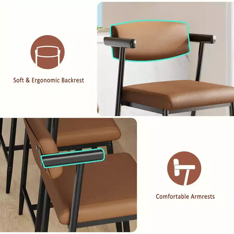 Counter Height Bar Stools Set of 2 with Arms, Upholstered Barstool with Back, Soft Wider Seat, Metal Bar Stools Set for Kitchen Island, Easy Assembly