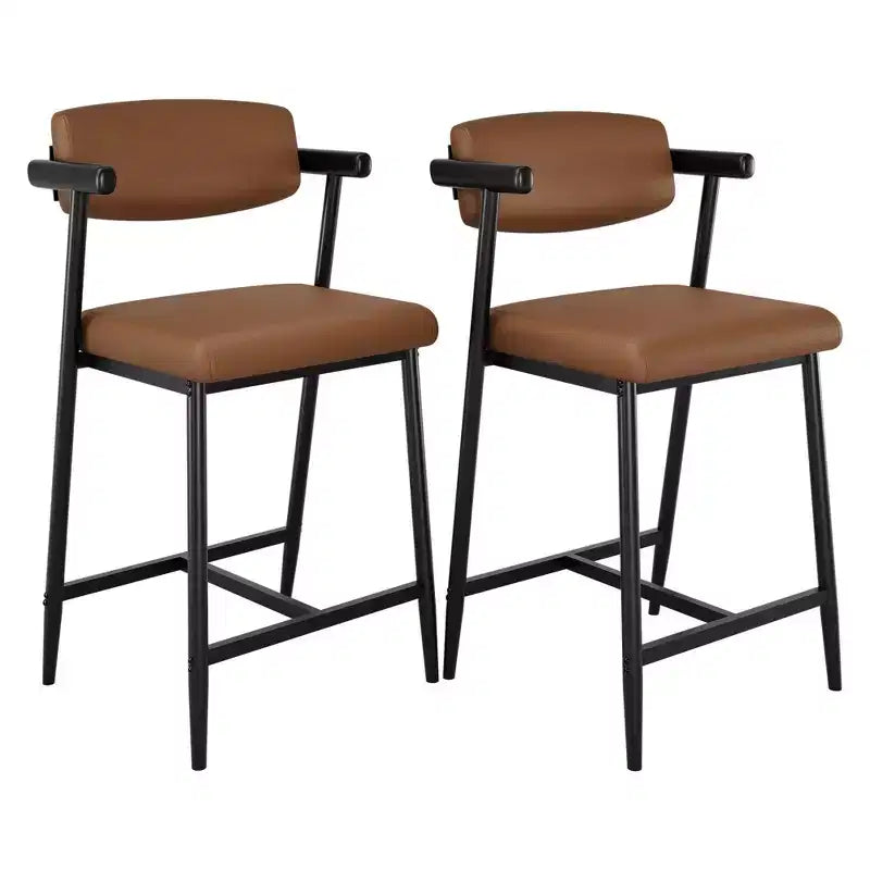 Counter Height Bar Stools Set of 2 with Arms, Upholstered Barstool with Back, Soft Wider Seat, Metal Bar Stools Set for Kitchen Island, Easy Assembly