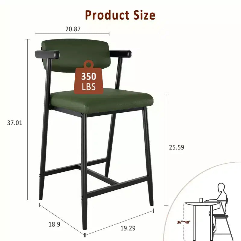 Counter Height Bar Stools Set of 2 with Arms, Upholstered Barstool with Back, Soft Wider Seat, Metal Bar Stools Set for Kitchen Island, Easy Assembly