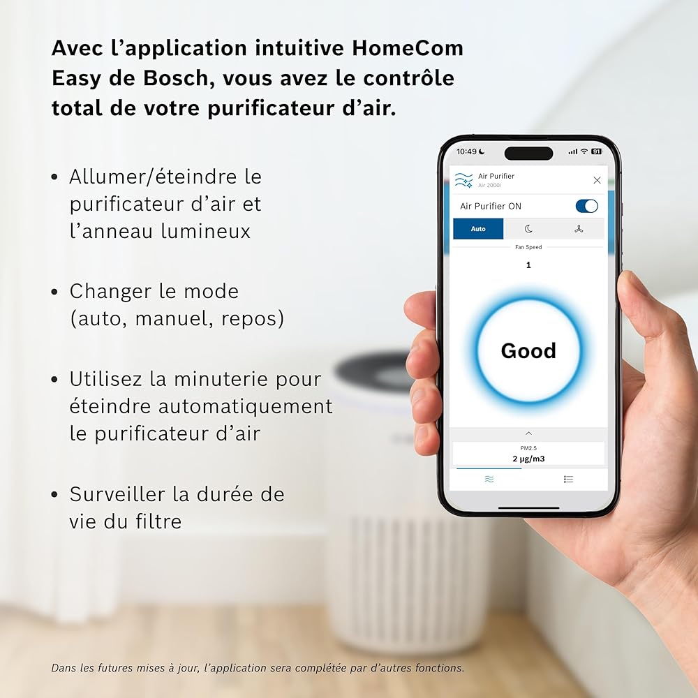 Bosch Air 2000i - Purificateur d'air intelligent - Couvre 37,5 m² - Filtre efficacement plus de 99% des polluants - Mode auto/sommeil (< 25 dB(A)) - CADR : 180 m³/h - Connectivité avec écran et app : Cuisine et Maison