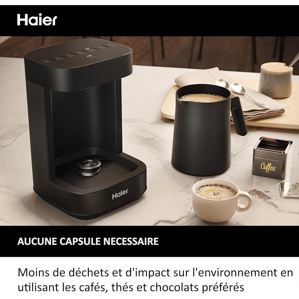 Haier I-Master Série 5 Préparateur de Boissons Chaudes et Mousseur Multi-Boissons, Programmes Lait, Café, Chocolat Chaud, Thé et Infusions, 350ml [Noir] : Cuisine et Maison