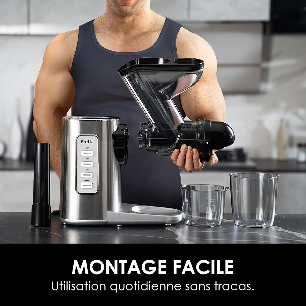 Fretta Extracteur de Jus à Froid avec Large Goulotte 76mm, Sans BPA & Corps en acier inoxydable, Extraction Lente pour Maximum de Nutriments, Facile à Nettoyer : Cuisine et Maison