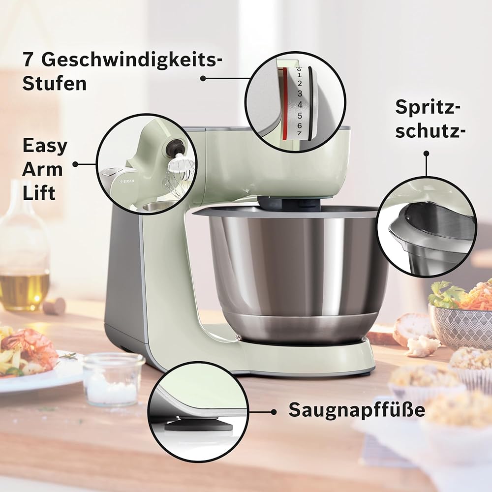 Bosch MUM58L20 Robot pâtissier – Machine puissante 1000 W pour cuisine et pâtisserie – 7 vitesses + turbo – Bol en acier inoxydable 3,9 L – Avec accessoires – Couleur gris minéral/argent : Cuisine et Maison