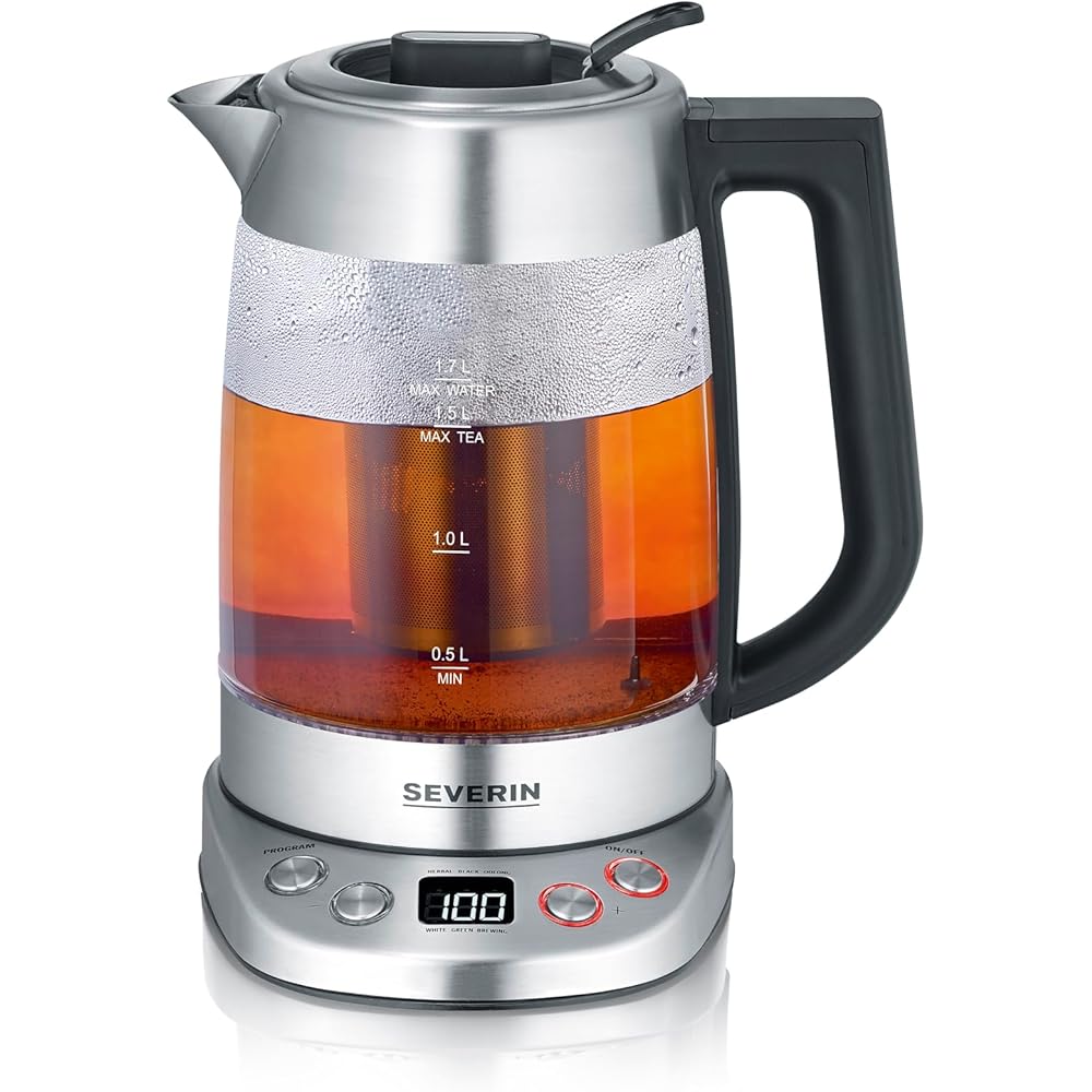 SEVERIN Bouilloire Eau et Thé, 1,7L, 3 000W, Filtre à thé, Température et Temps D'infusion Personnalisables, Verre/Inox, WK 3480 : Cuisine et Maison