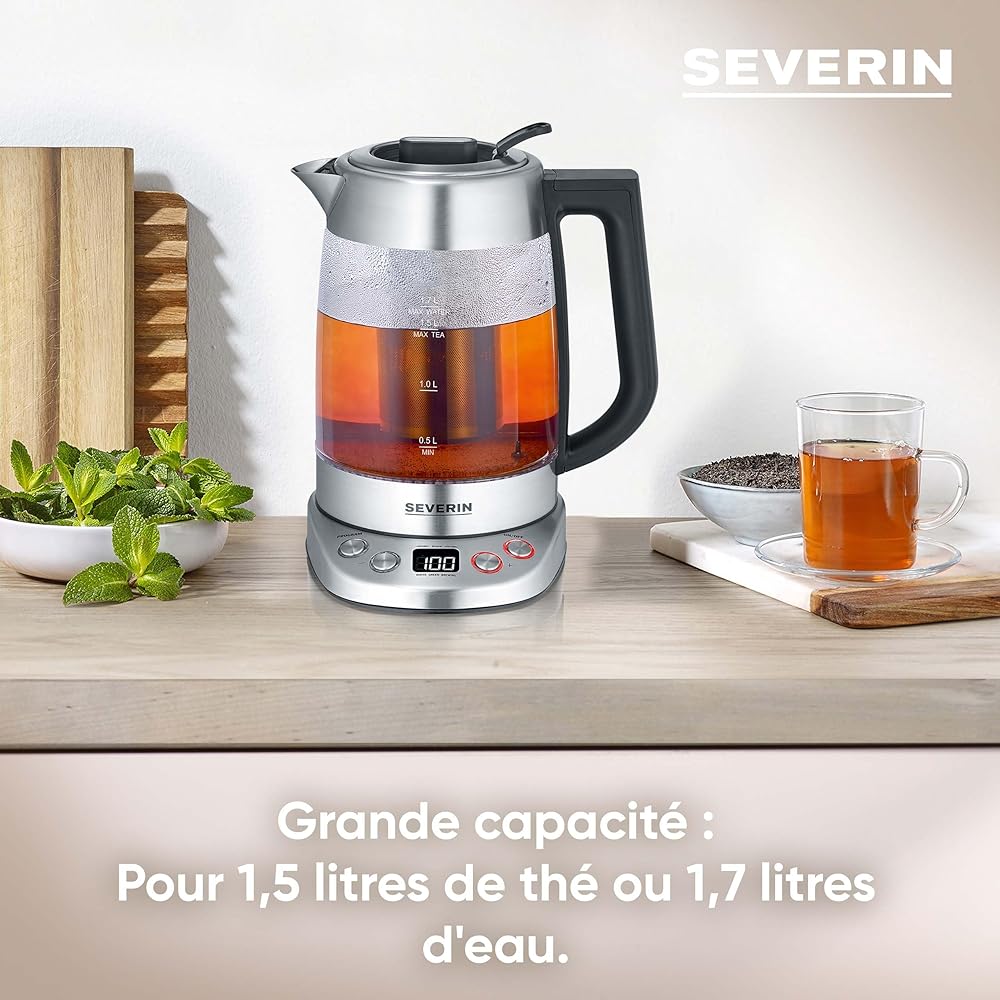 SEVERIN Bouilloire Eau et Thé, 1,7L, 3 000W, Filtre à thé, Température et Temps D'infusion Personnalisables, Verre/Inox, WK 3480 : Cuisine et Maison