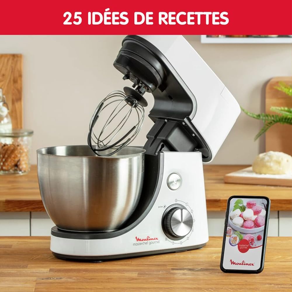 Moulinex Robot pâtissier, Capacité bol 4,6 L, 8 vitesses + Pulse, Technologie Fouet Whisk pour un fouettage parfait, Batteur et pétrin en fonte d'aluminium, 1100 W, Masterchef Gourmet blanc QA510110 : Cuisine et Maison
