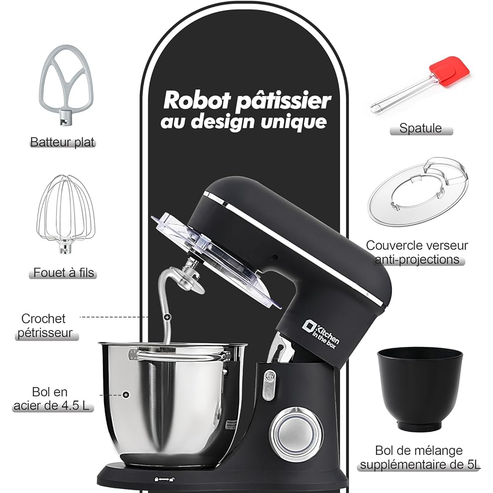 Kitchen in the box Robot Pâtissier, 4.5L+5L 2Bols Robots de Cuisine, 10 Vitesses Batteur Electrique Cuisine, 1300W Pétrin Professionnel avec Fouet, Batteur, Crochet (Noir) : Cuisine et Maison