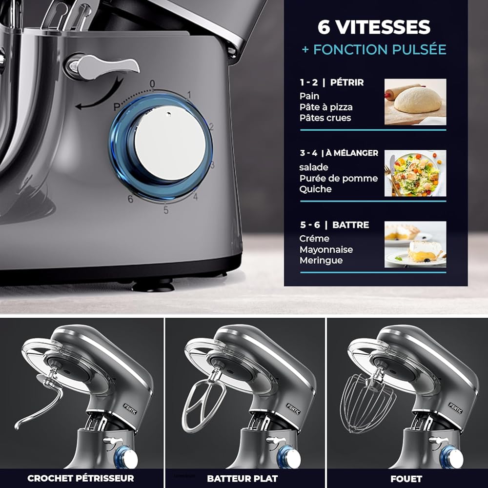 Fentic Robot Pâtissier – 2000W – Bol mélangeur en acier inoxydable (6,2L) – Avec fouet, Crochet pétrisseur et Batteur plat – Incl. et accessoires supplémentaires (Anthracite) : Cuisine et Maison