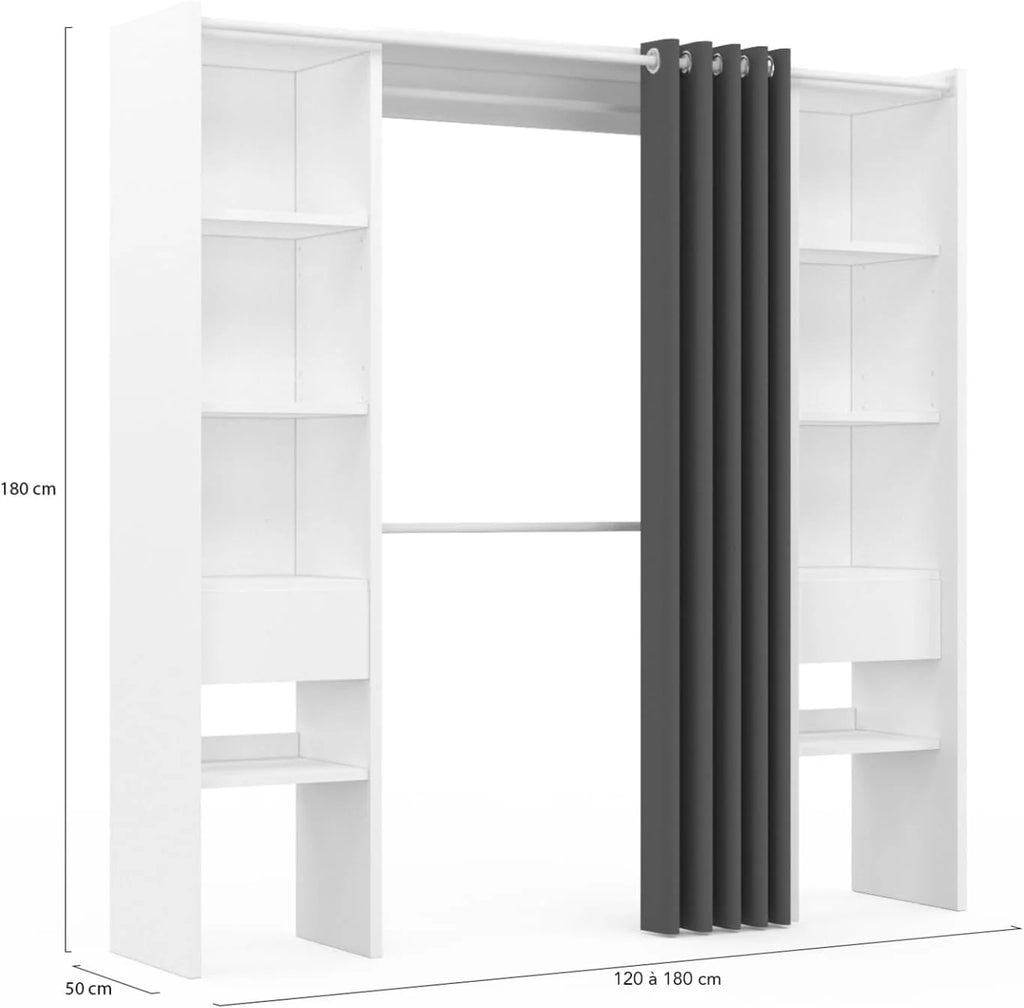 Dressing extensible double MERYL 120/180 x 50 x 180 cm, avec étagères double penderie