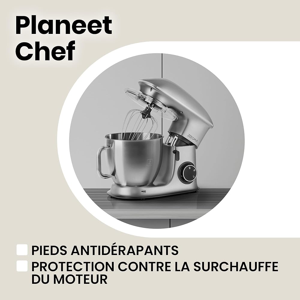 ZEEGMA Planeet Chef robot pâtissier multifonctions 2200W, machine à pétrir cuisine à pâte avec bol en acier inoxydable de 6,5 L, 7 vitesses, pétrin à pâte avec set de pâtisserie 3 pièces (Grey) : Cuisine et Maison